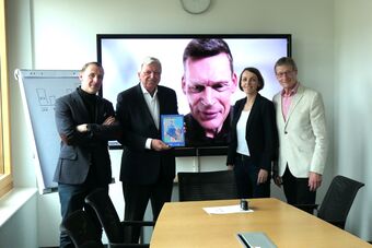 v. l. Markus Friedrich (DAGS), Volker Bouffier (DOSB), Prof. Dr. Michael Krüger (DAGS-Vorsitzender, Online-zugeschaltet), Kirsten Witte-Abe (DOSB Organisationsentwicklung) und Ulrich Schulze Forsthövel (DAGS), Foto: IfSG.